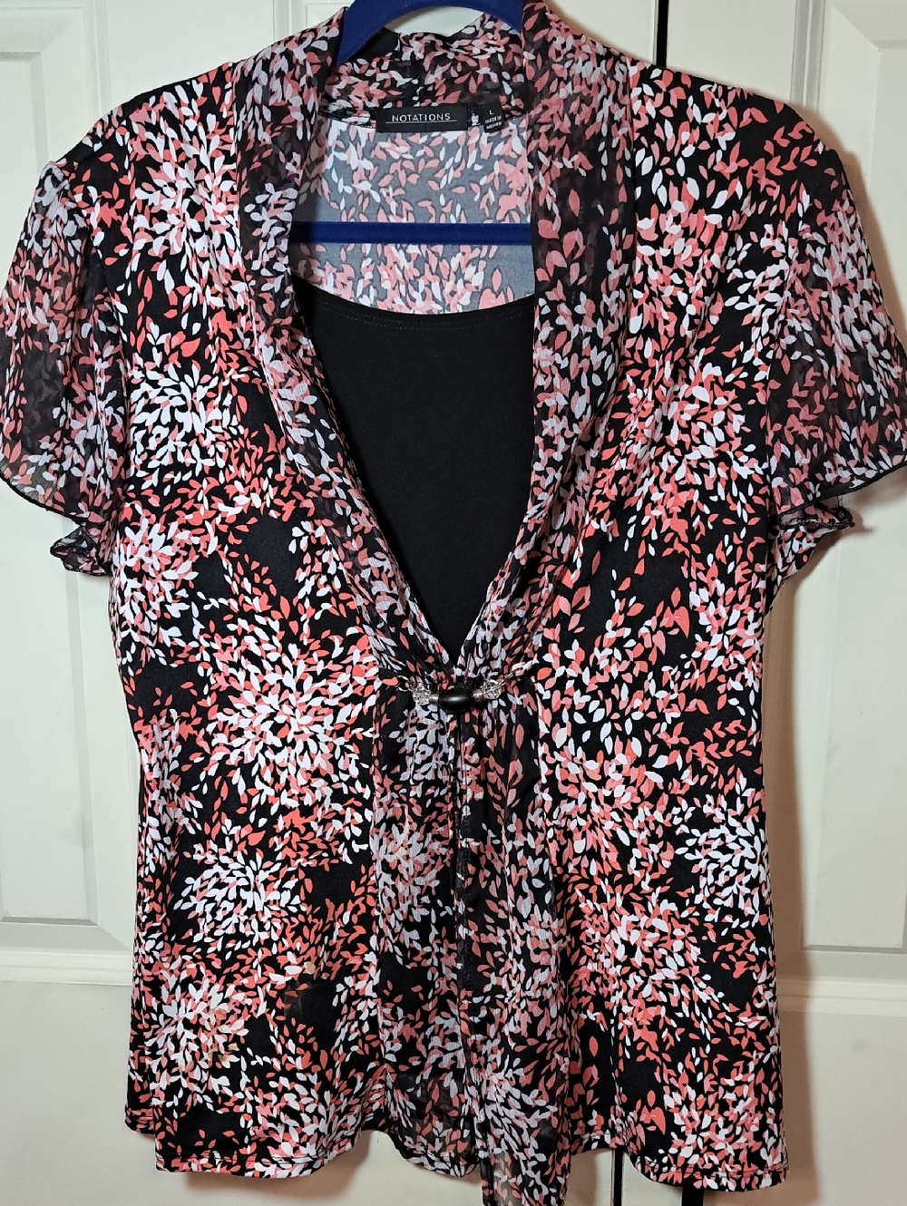 Notations Pink and White Floral Tie-Front Sheer Blouse